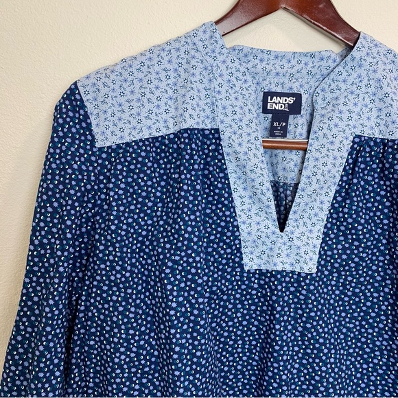 Lands' End Womens Blouse Blue Floral Print Cotton Poplin Peasant Long Sleeves XL - Picture 3 of 8